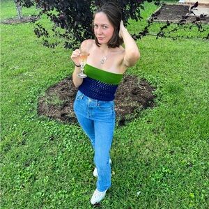 Handmade Green and Navy Strapless Crochet Tube Top